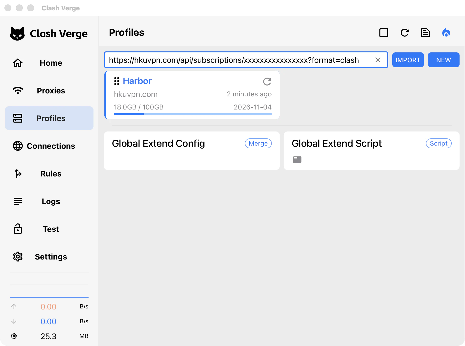 Clash Verge Rev: paste the subscription link on Profiles and import it