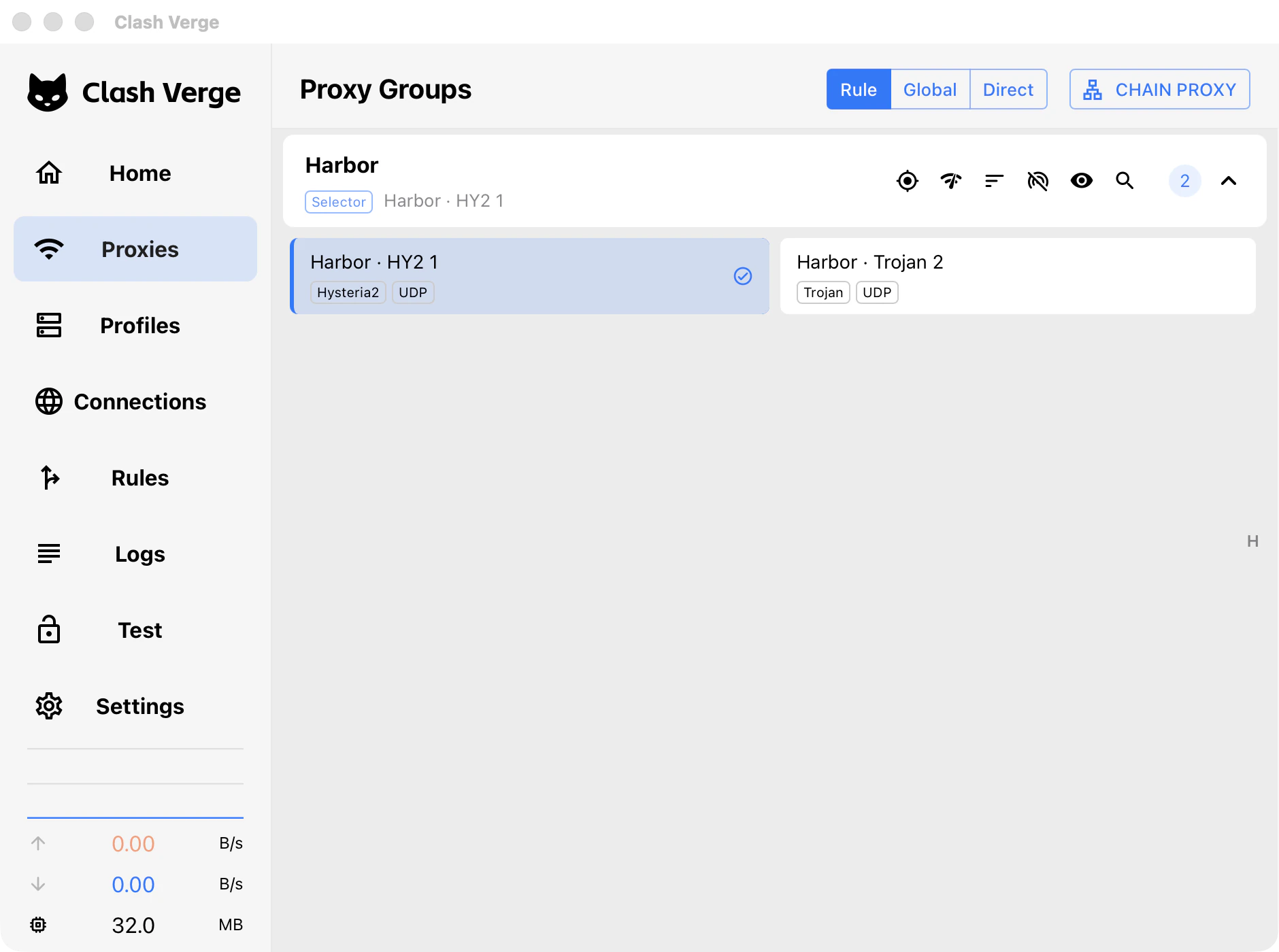Clash Verge Rev: select a node in the NailongVPN group